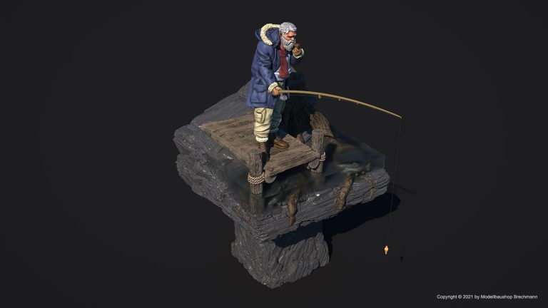 Mann auf einem Steg beim fischen.