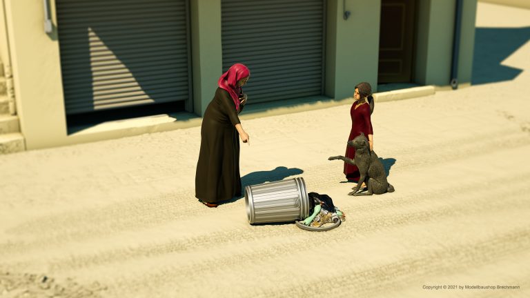 Mittlerer Osten Serie. Schimpfende Frau mit Kind und Hund